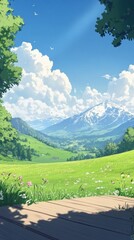 Poster - A beautiful landscape with a mountain in the background and a field of grass