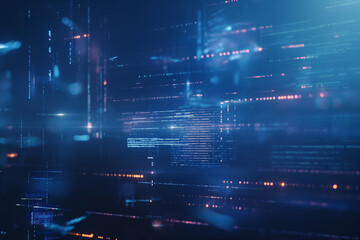 Poster - Holographic digital interface with layers of code, data graphs, and cyber security symbols, floating in a deep blue cyber space. futuristic tech background wallpaper 