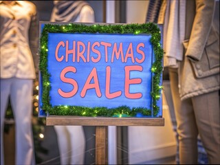 A colorful sign advertising a Christmas sale, decorated with greenery, set in front of a clothing store.