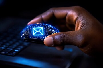 Poster - A hand reaching towards a computer mouse with an email notification visible on the screen
