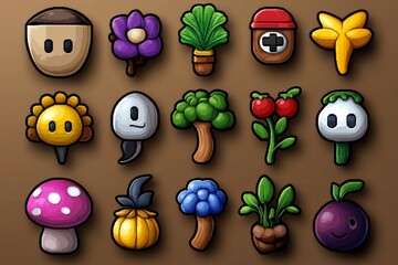 Poster - A pixel art garden with tiny, colorful flowers, vegetables, and a small path, styled like a retro video game