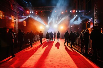 Red carpet with silhouettes of people. Great for representing awards ceremonies, premieres, or special events.