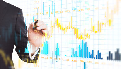 Fototapete - A businessperson in a suit analyzes financial data using a pen, with a transparent background displaying graphs and charts. Concept of finance and technology. 3D Rendering.