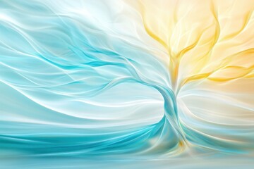 Poster - A Stunning Fractal Tree Emerging From Flowing Waves of Blue and Golden Hues at Dawn