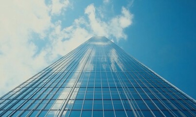 Poster - A low angle view of a tall glass skyscraper reaching up to a blue sky with white clouds.