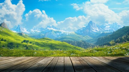 Poster - A beautiful mountain landscape with a wooden deck in the foreground