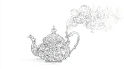 Wall Mural - elegant line art of a teapot with steam rising, intricate details on the spout and handle on white
