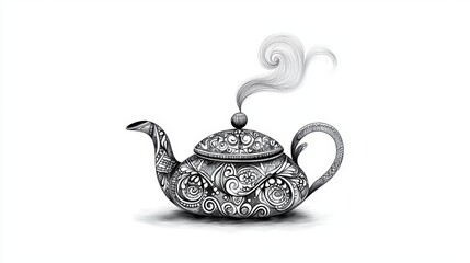 Wall Mural - elegant line art of a teapot with steam rising, intricate details on the spout and handle on white