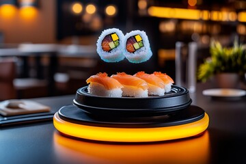Poster - Futuristic food display with holographic sushi hovering over a neon-lit table