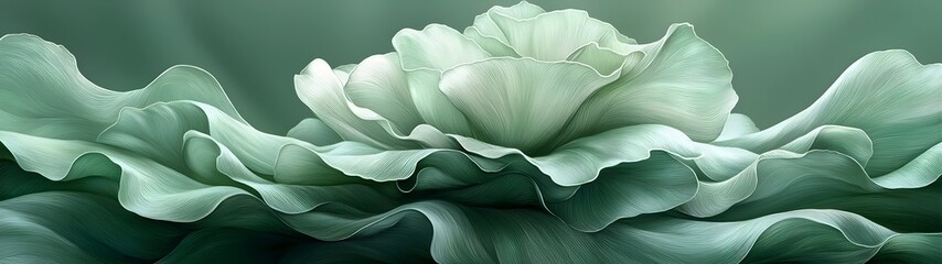 Wall Mural - A stunning close-up of a soft, pastel green flower with delicate, wavy petals, creating a serene and calming atmosphere through its elegant layers and smooth texture.