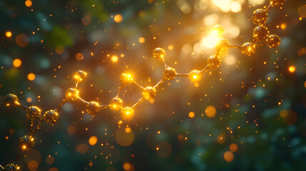 Aufkleber - A glowing molecular structure surrounded by shimmering particles and warm sunlight, evoking a sense of discovery and wonder in a natural setting.