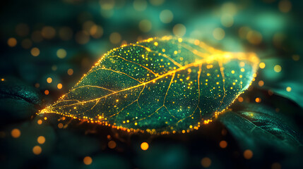 Poster - A glowing leaf surrounded by ethereal lights, capturing the beauty of nature and its magical elements in a surreal, enchanting atmosphere.