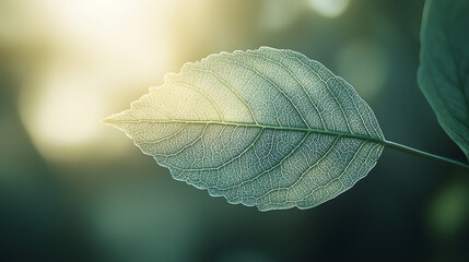 Poster - A translucent leaf glows softly in sunlight, showcasing intricate vein patterns and a delicate, ethereal appearance against a blurred green background.