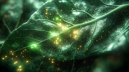 Poster - A close-up of a leaf adorned with glowing particles, showcasing a vibrant interplay of green hues and luminous spots.