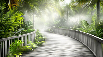 Poster - A serene wooden pathway winds through lush greenery, enveloped in mist, creating a tranquil atmosphere in a vibrant, tropical environment.