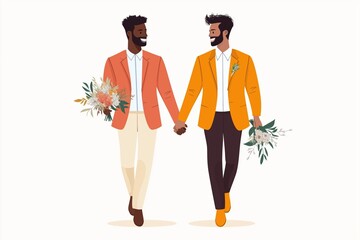 Canvas Print - Two men in suits holding hands and flowers. The flowers are in the middle of the image and are being held by both men. The image has a romantic and happy mood