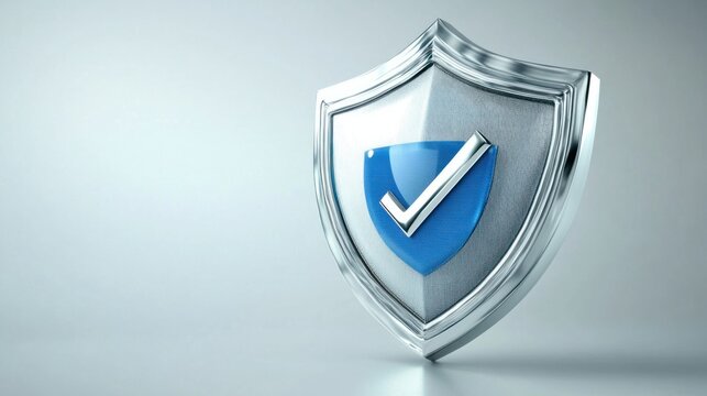3D silver and blue shield with checkmark, isolated on white, symbolizing protection and reliability