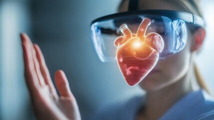 Poster - A woman wearing a pair of virtual reality goggles is looking at a heart