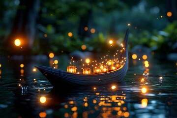 Poster - Whimsical krathong with sparkling fairy lights and tiny floating lanterns around it, set in an enchanted forest