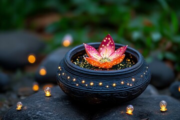 Poster - Whimsical krathong with sparkling fairy lights and tiny floating lanterns around it, set in an enchanted forest