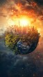 © COK House - Artistic rendering shows surreal Earth with forest and cityscape being engulfed by massive fiery celestial body, conveying epic catastrophe and destruction.