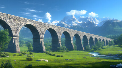 Aufkleber - A grand stone aqueduct arches over a lush valley with mountains in the background, illustrating beautiful natural scenery and impressive engineering.