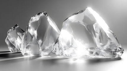 Poster - A sparkling display of crystalline structures with sharp edges reflecting light, showcasing their transparency and brilliance in monochrome.