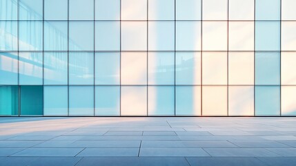 Poster - A modern building with a glass facade reflecting the sky and a smooth, empty concrete surface.