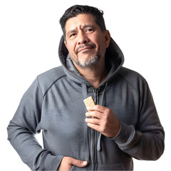 A middle-aged Hispanic man in a hoodie, holding a snack bar and looking content, isolated on white background