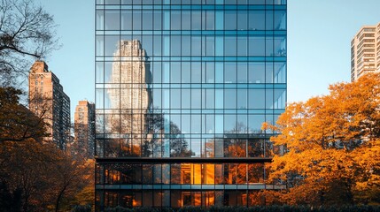 Poster - A modern glass building reflects the surrounding cityscape, with fall foliage in the foreground.