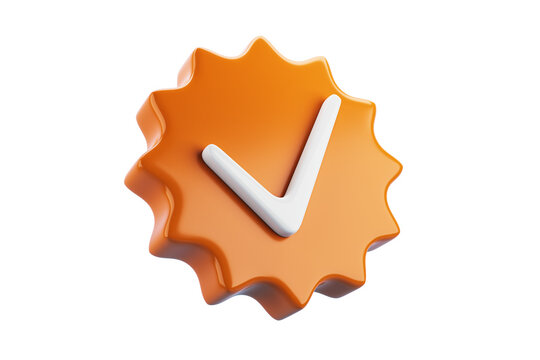 Orange badge element with a white checkmark, isolated on a white background. Clean design concept for approval or certification. 3D Rendering