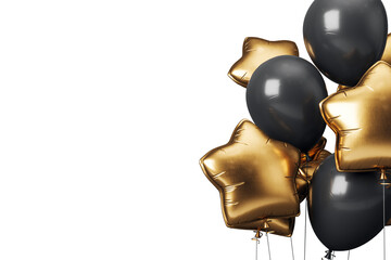 Poster - Black and gold foil balloons in star and round shapes, isolated, floating on a white background. Concept of celebration and party decor. 3D Rendering.