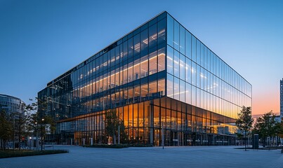 Poster - A modern glass office building with a sunset reflecting in the windows.