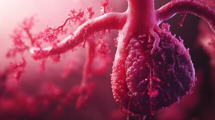 Poster - A close up of a heart with red veins and a pink background