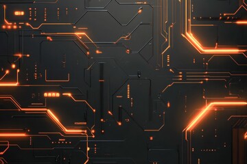 Poster - Dark orange cybernetic backdrop with intricate circuitry design and glowing lines. Generative AI