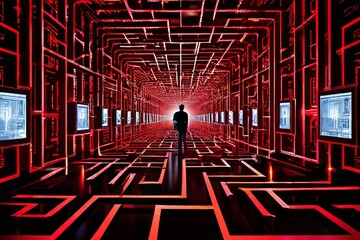 Poster - digital labyrinth a maze of interconnected screens and notificat