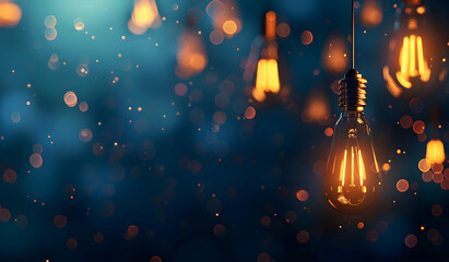 Poster - A blue background with hanging light bulbs, one of which is glowing brightly against the dark backdrop