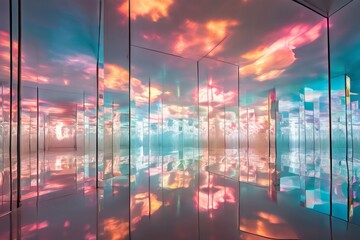 Poster - infinity mirrored room prismatic clouds a white room with mirror