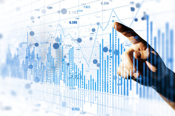 Hand pointing at a digital graph with fluctuating blue lines and data points. Transparent background. Concept of financial technology