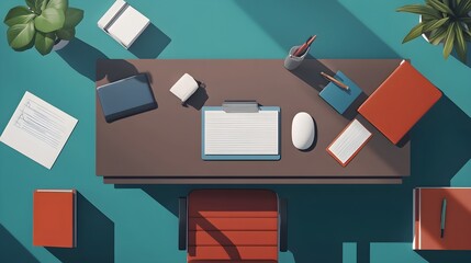 Poster - Top View of a Modern Workspace with Minimalist Desk  Chair  and Accessories