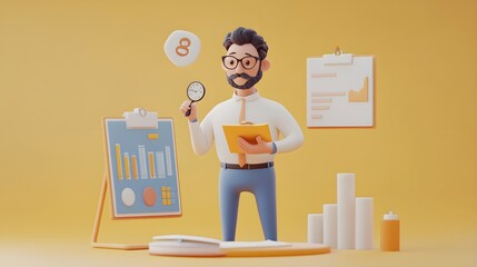 Poster - 3D Cartoon Businessman Analyzing Charts and Data with Magnifying Glass