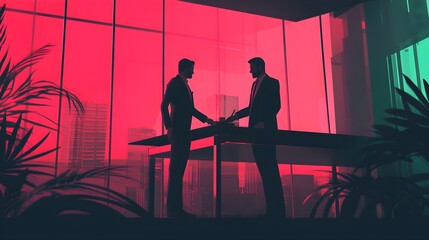 Poster - Businessmen Silhouettes Meeting In Modern Office With Red Neon Lighting