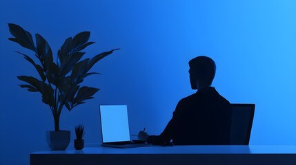 Poster - Blue Minimalist Office Silhouette with Laptop  Plant and Glasses
