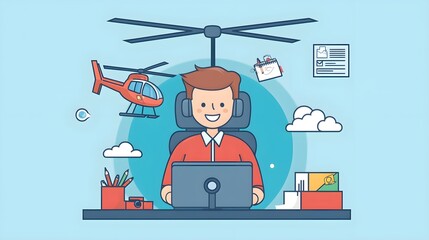 Poster - Man Working At Desk With Helicopter Above Him