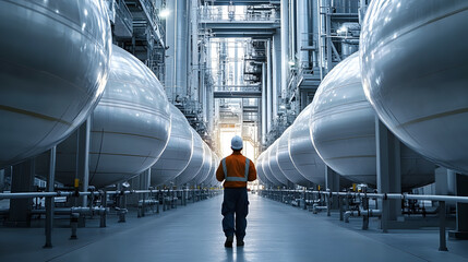 Wall Mural - A technician inspecting cryogenic storage tanks filled with liquefied natural gas, ensuring the safety and efficiency of the storage process