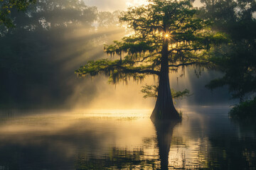 Wall Mural - A majestic cypress tree stands alone in a mystical, foggy lake, bathed in golden sunlight filtering through the tranquil morning mist.