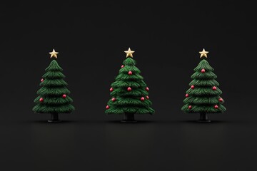 Trio of minimalist Christmas trees with red ornaments and gold star toppers set on a dark background creating a modern holiday aesthetic with simplicity and elegance