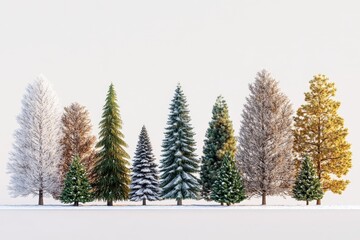 Landscape of frosty trees in various autumnal hues and evergreen tones standing together on a wintry snowy field representing seasonal transition