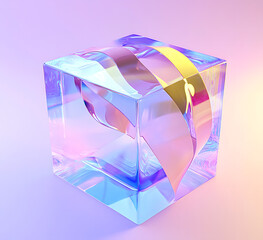 Poster - 3d crystal glass transparent cube with clear ribbon wave line inside render. Chromatic rainbow geometric block, glossy square box with holographic gradient texture, dispersion light. 3D illustration