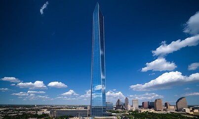 Poster - A towering skyscraper with a mirrored facade against a bright blue sky.